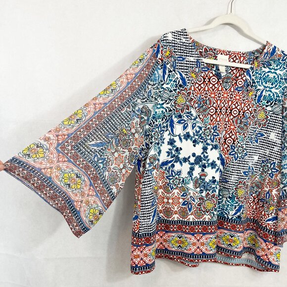 Chico's Florentine Tile Blouse V-Neck Multicolor Flowy Sleeves Size 3, XL - Picture 3 of 7